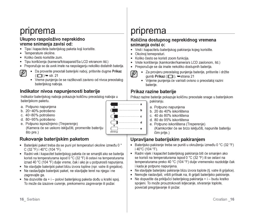 Samsung VP-D391/EDC manual Indikator nivoa napunjenosti baterije, Rukovanje baterijskim paketom, Prikaz razine baterije 