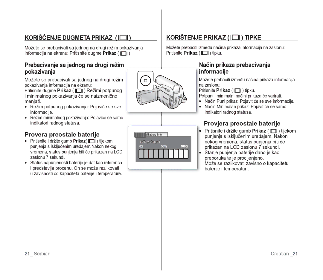 Samsung VP-D391/EDC manual Korišćenje Dugmeta Prikaz, Korištenje Prikaz Tipke 