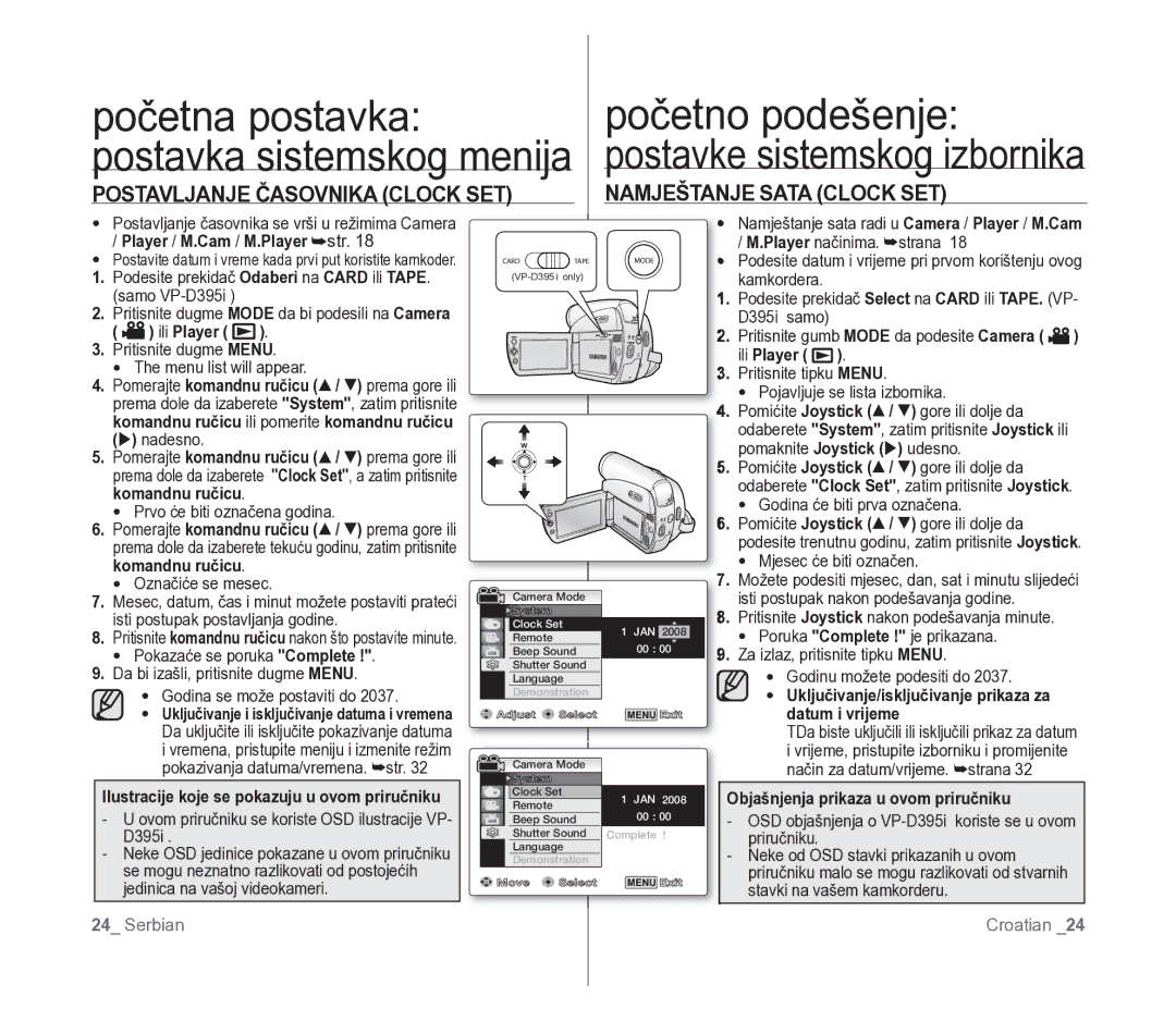 Samsung VP-D391/EDC manual Namještanje Sata Clock SET, Postavljanje Časovnika Clock SET 