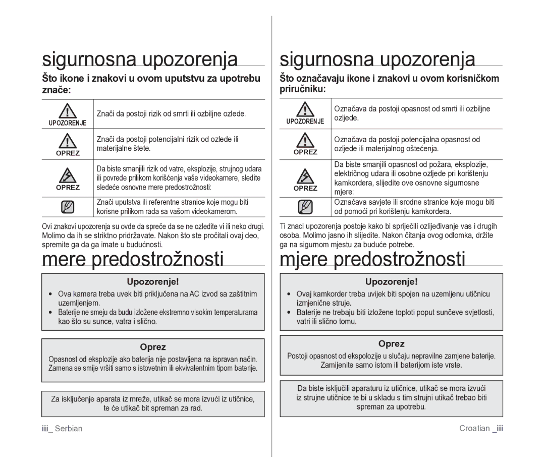 Samsung VP-D391/EDC manual Sigurnosna upozorenja, Mere predostrožnosti, Mjere predostrožnosti 