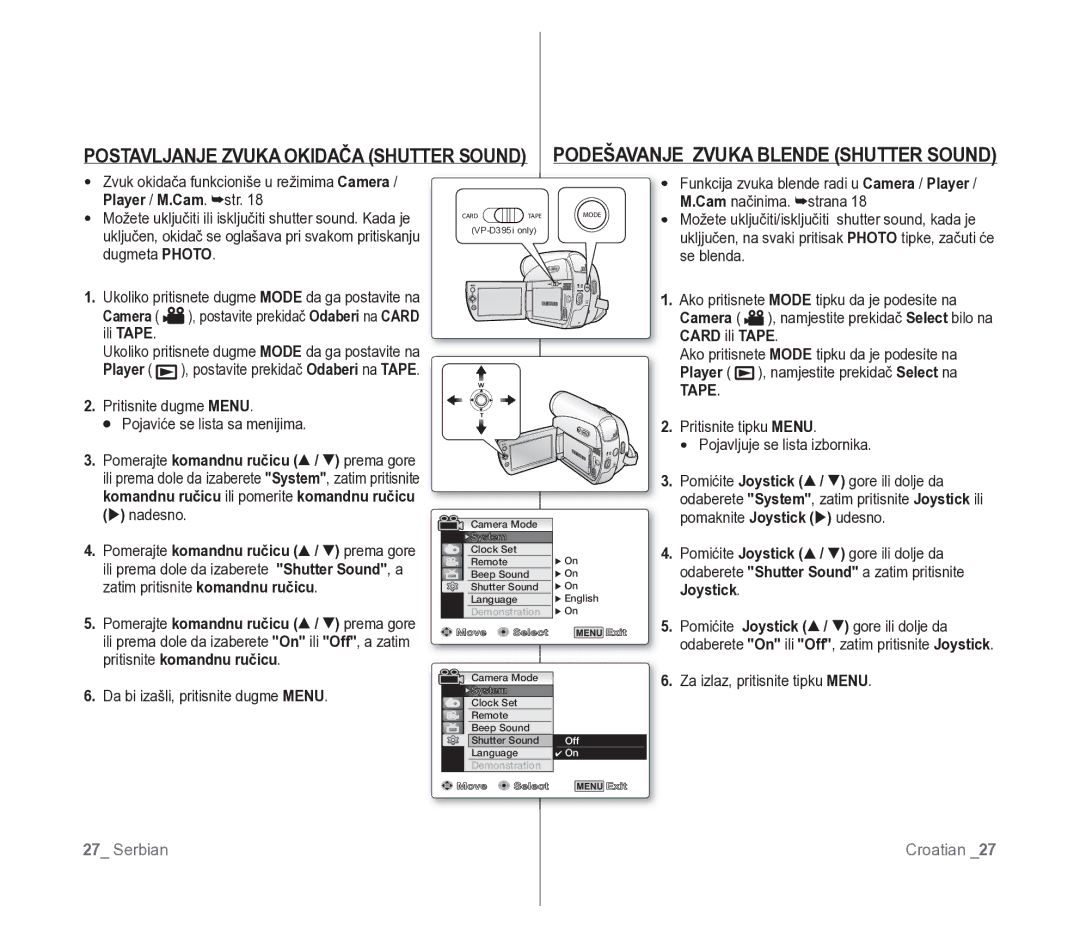 Samsung VP-D391/EDC manual Player / M.Cam. str, Camera, Card ili Tape, Joystick 