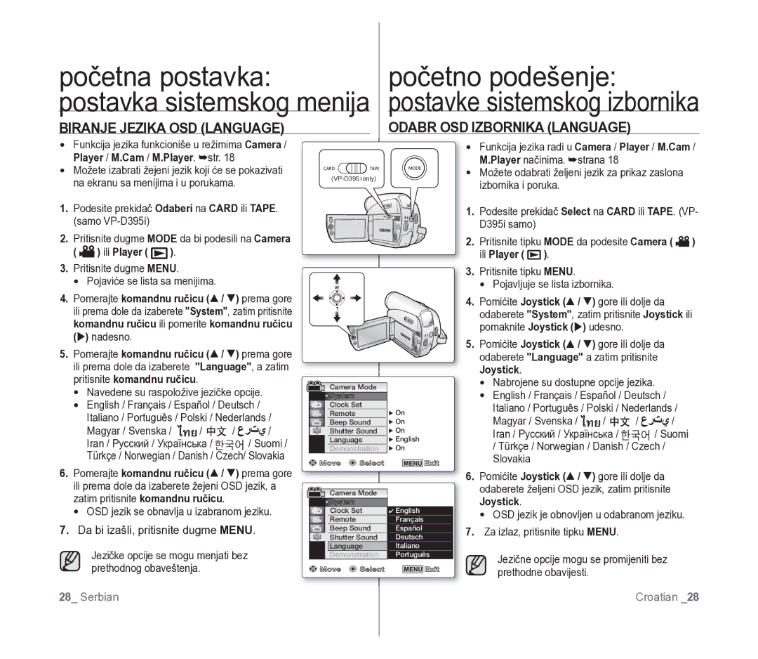 Samsung VP-D391/EDC manual Biranje Jezika OSD Language, Odabr OSD Izbornika Language 