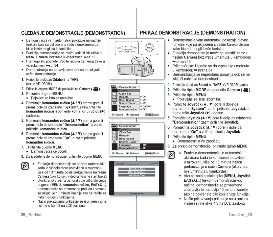 Samsung VP-D391/EDC manual Prikaz Demonstracije Demonstration, Gledanje Demonstracije Demonstration, Komandnu ručicu 