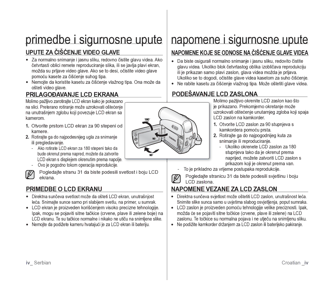 Samsung VP-D391/EDC manual Upute ZA Čišćenje Video Glave, Prilagođavanje LCD Ekrana, Podešavanje LCD Zaslona 