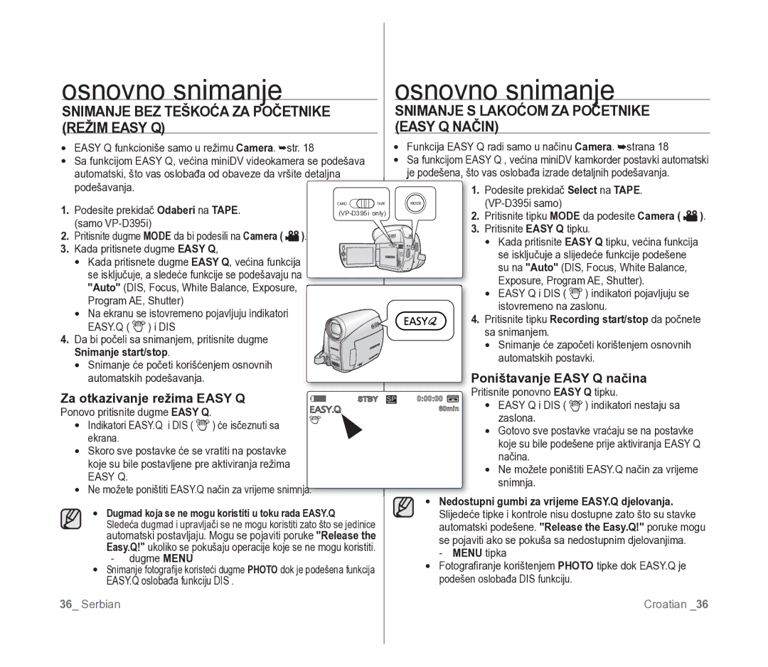 Samsung VP-D391/EDC manual Poništavanje Easy Q načina, Za otkazivanje režima Easy Q, Snimanje start/stop 