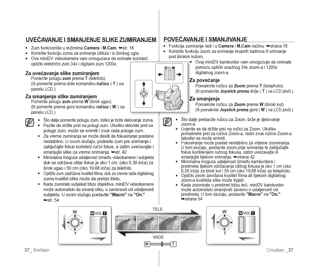 Samsung VP-D391/EDC manual Uvećavanje I Smanjenje Slike Zumiranjem, Povećavanje I Smanjivanje 