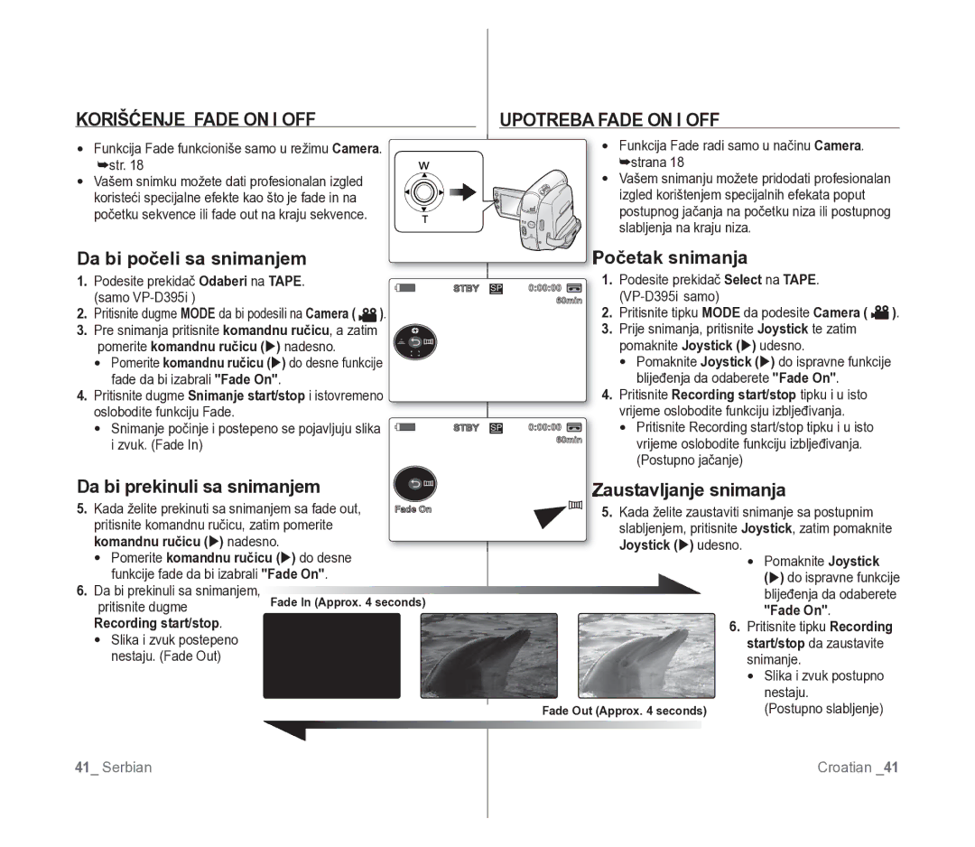 Samsung VP-D391/EDC manual Korišćenje Fade on I OFF Upotreba Fade on I OFF, Da bi počeli sa snimanjem, Početak snimanja 