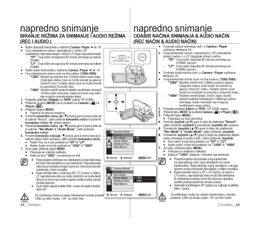 Samsung VP-D391/EDC manual Napredno snimanje, Biranje Režima ZA Snimanje I Audio Režima REC I Audio, Ili Player 