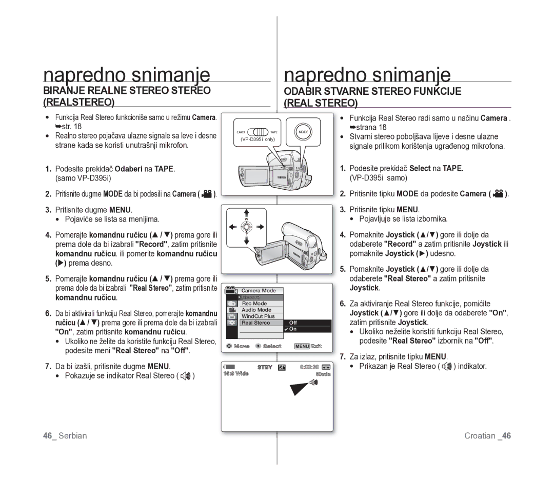 Samsung VP-D391/EDC manual Biranje Realne Stereo Stereo Realstereo, Odabir Stvarne Stereo Funkcije Real Stereo 