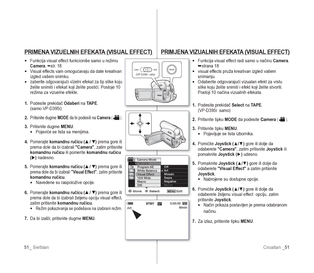 Samsung VP-D391/EDC manual Primena Vizuelnih Efekata Visual Effect, Primjena Vizualnih Efekata Visual Effect 