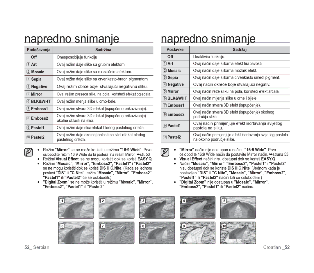 Samsung VP-D391/EDC manual Sepia, Mirror, Emboss2, Pastel2, Pastel1 