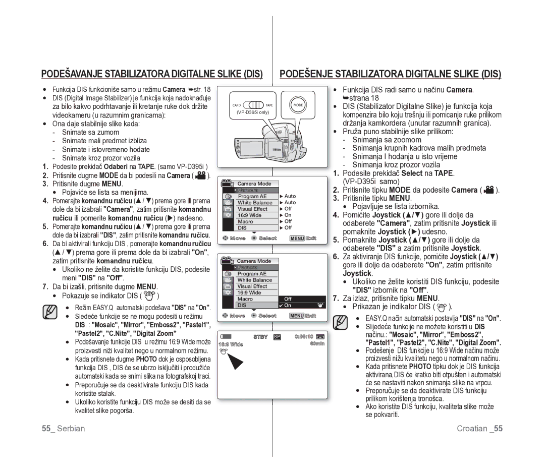 Samsung VP-D391/EDC manual Joystick Meni DIS na Off 