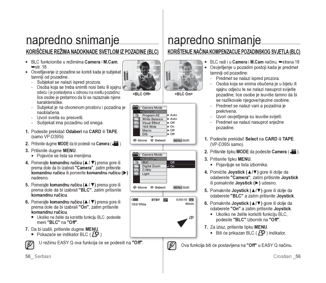 Samsung VP-D391/EDC manual Meni BLC na Off 