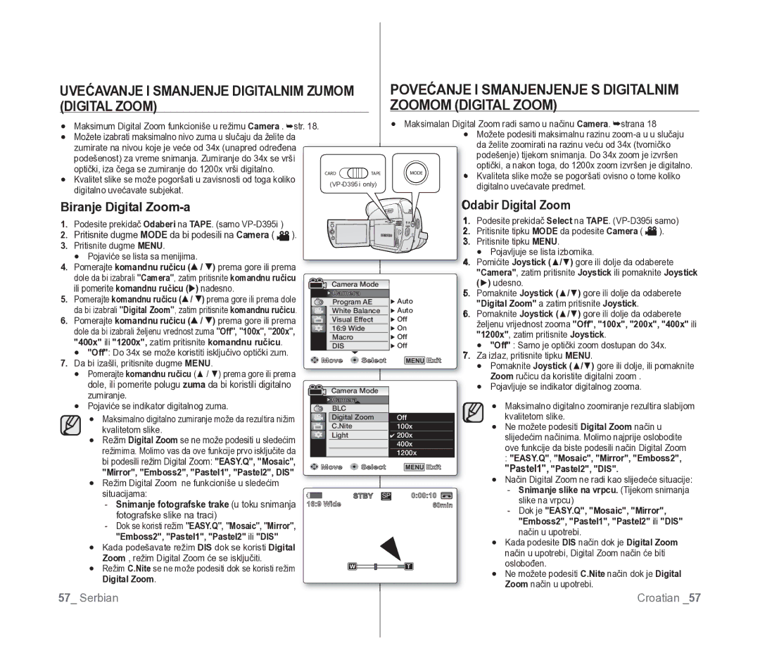 Samsung VP-D391/EDC manual Povećanje I Smanjenjenje S Digitalnim, Digital Zoom Zoomom Digital Zoom, Odabir Digital Zoom 