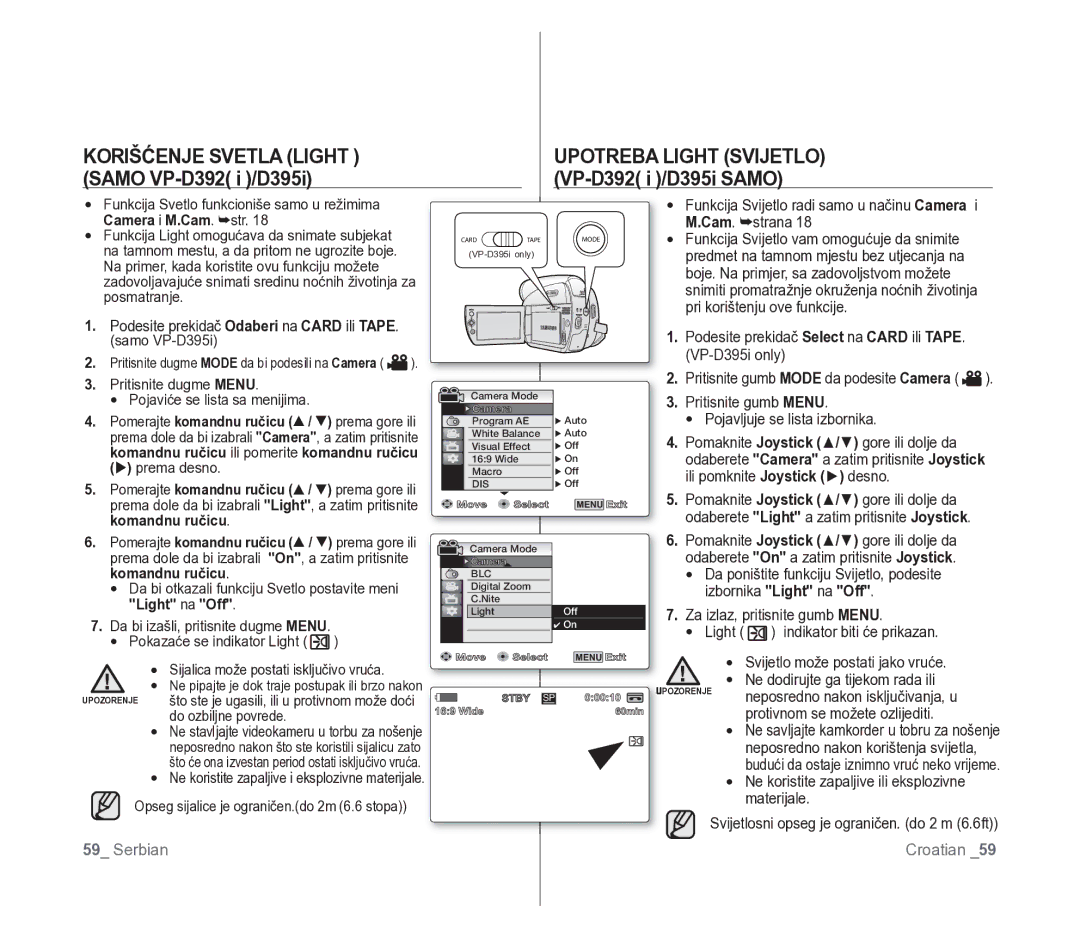 Samsung VP-D391/EDC manual Korišćenje Svetla Light Upotreba Light Svijetlo, VP-D392 i /D395i Samo, Samo VP-D392 i /D395i 