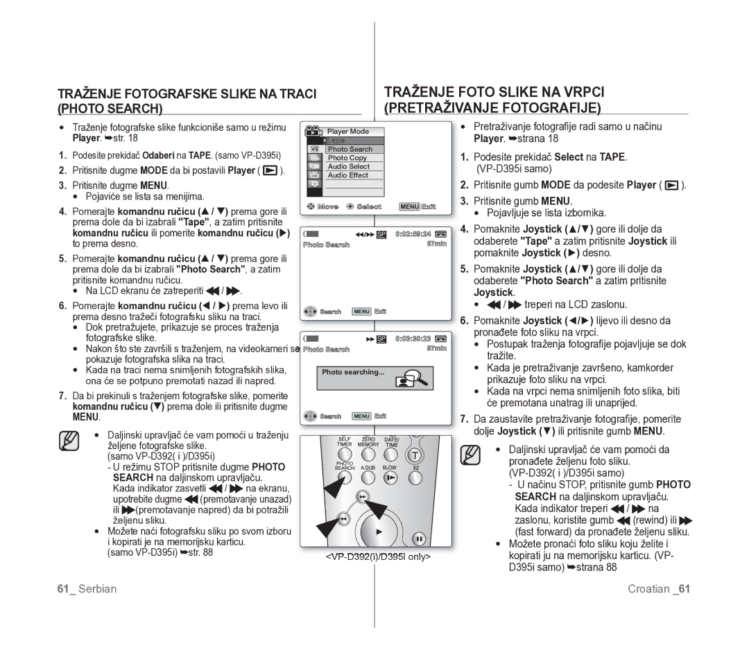 Samsung VP-D391/EDC Traženje Foto Slike NA Vrpci, Pretraživanje Fotografije, Traženje Fotografske Slike NA Traci, Menu 