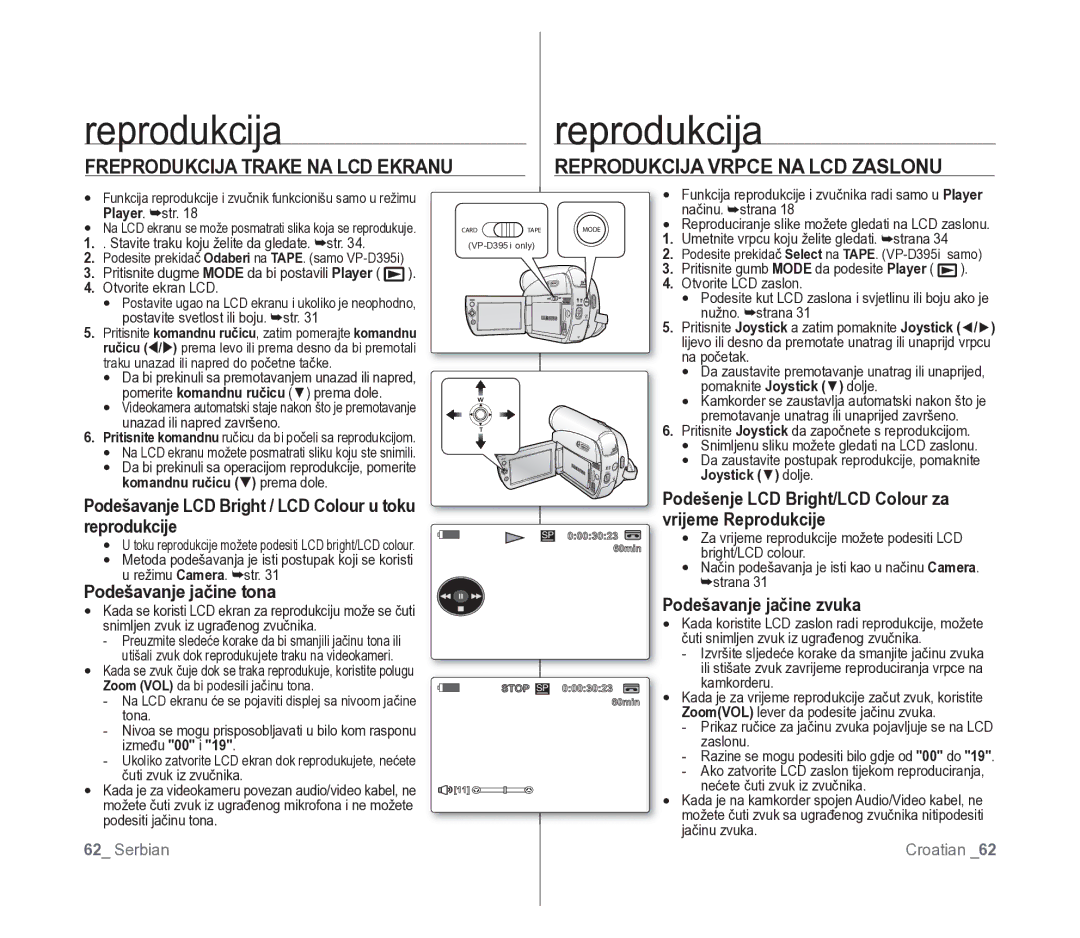 Samsung VP-D391/EDC manual Freprodukcija Trake NA LCD Ekranu, Reprodukcija Vrpce NA LCD Zaslonu, Vrijeme Reprodukcije 