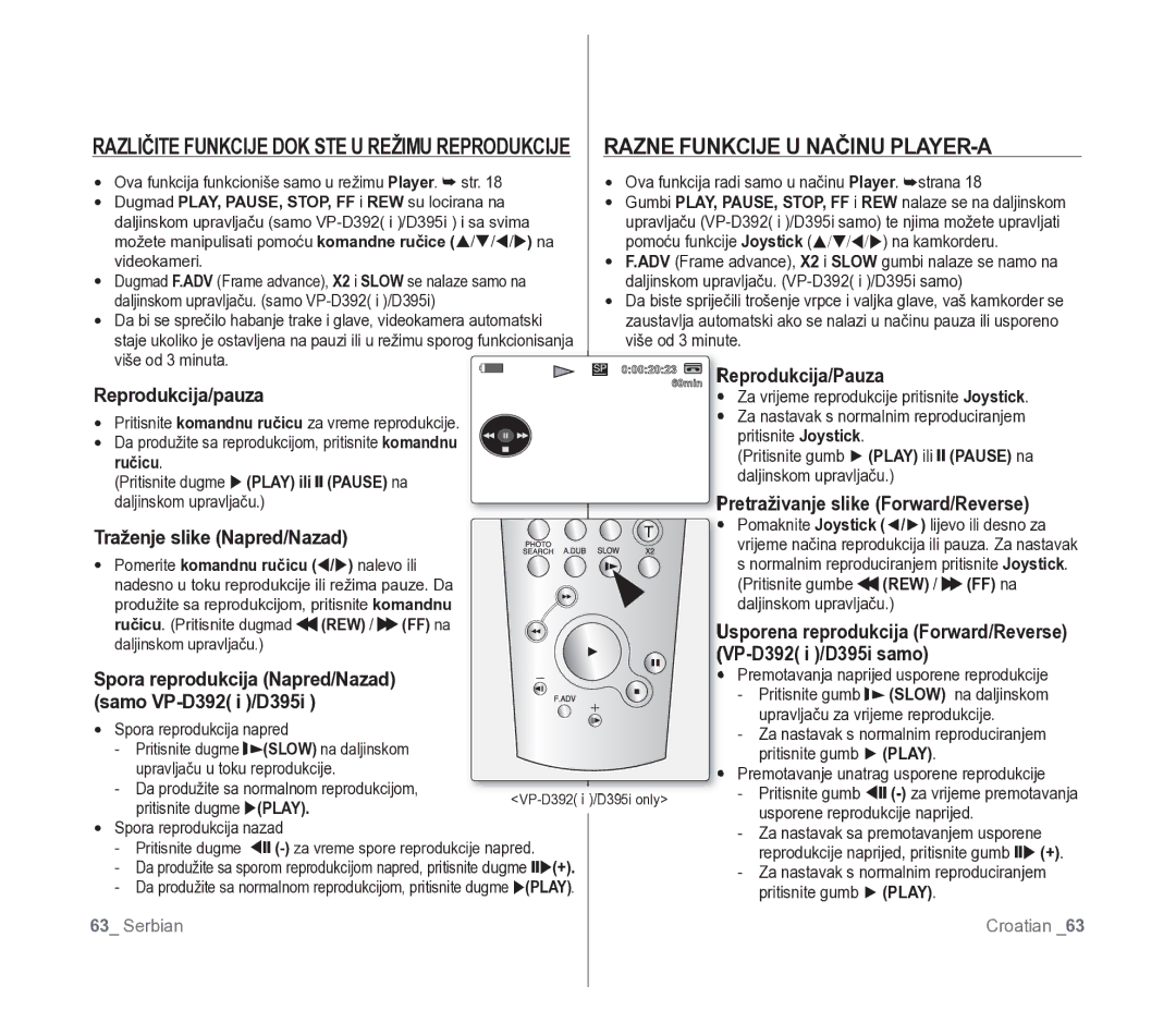 Samsung VP-D391/EDC manual Reprodukcija/Pauza, Traženje slike Napred/Nazad, VP-D392 i /D395i samo 