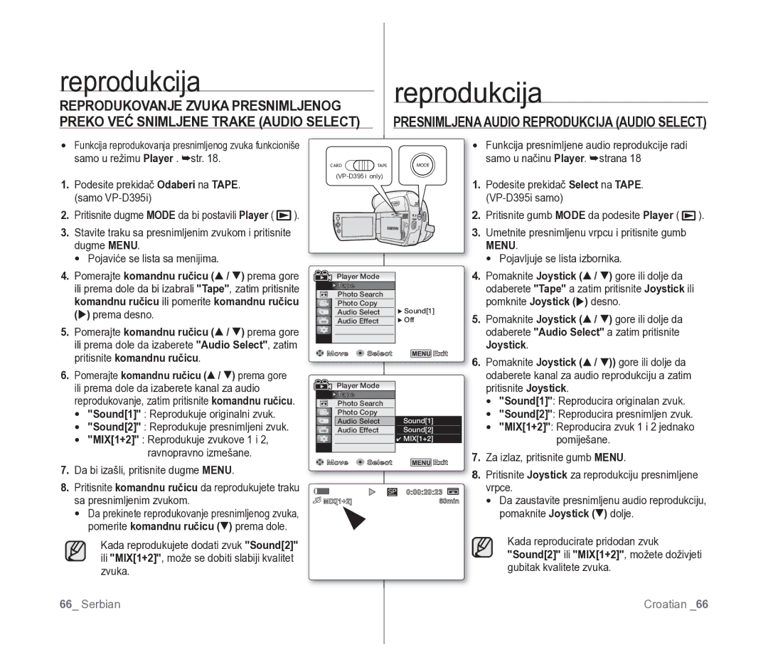 Samsung VP-D391/EDC manual Presnimljena Audio Reprodukcija Audio Select, Zvuka 