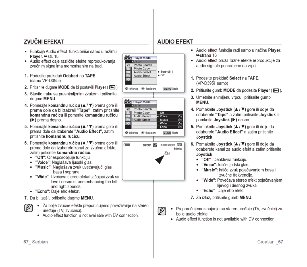 Samsung VP-D391/EDC manual Zvučni Efekat Audio Efekt, Echo Daje eho efekat, Da bi izašli, pritisnite dugme Menu 