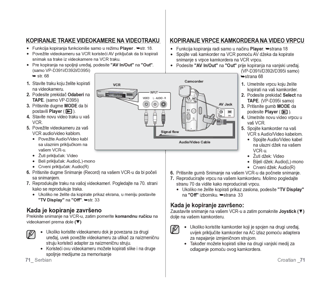 Samsung VP-D391/EDC manual Kada je kopiranje završeno, Kopiranje Vrpce Kamkordera NA Video Vrpcu 