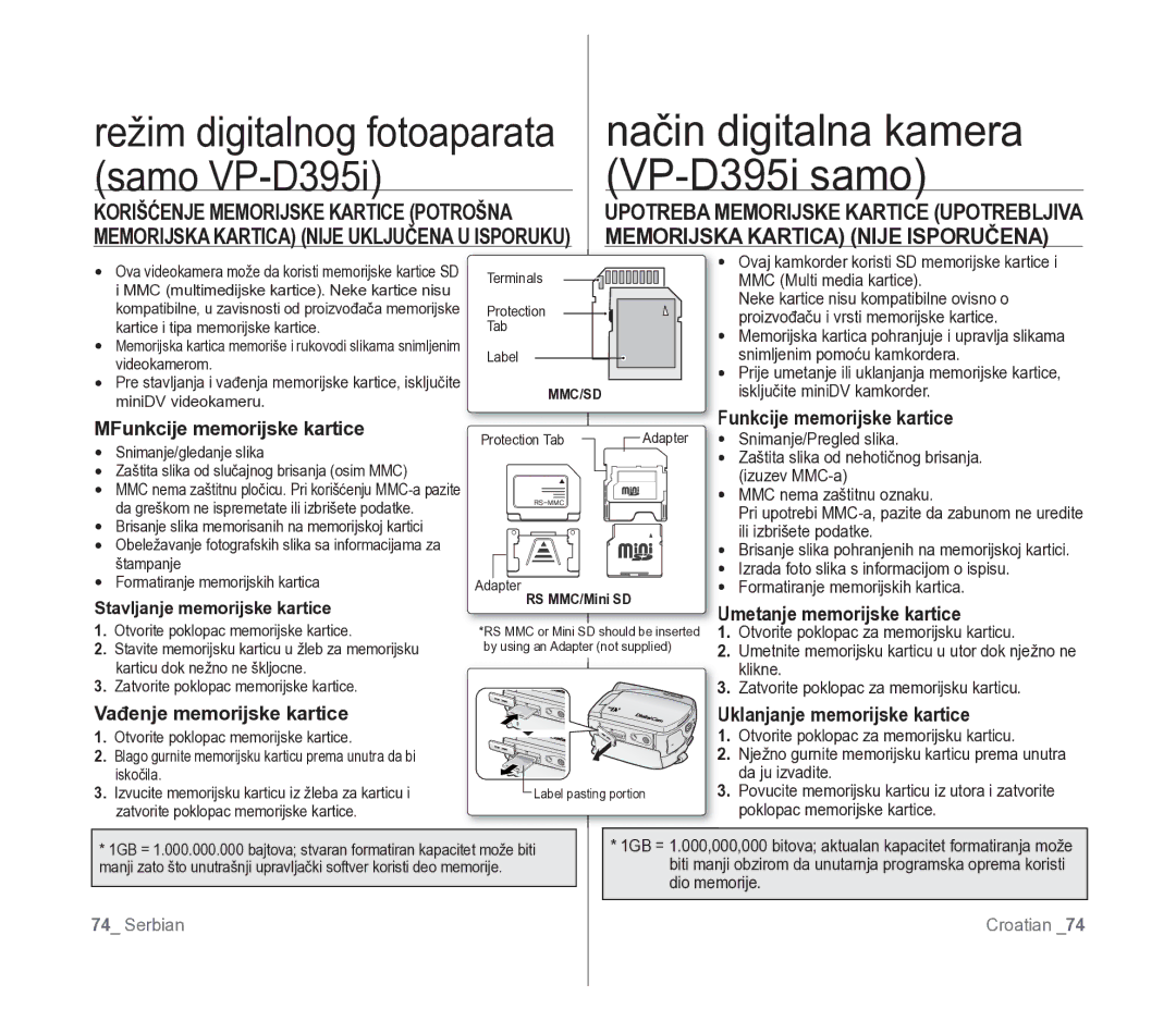 Samsung VP-D391/EDC manual Način digitalna kamera, VP-D395i samo, Memorijska Kartica Nije Isporučena 