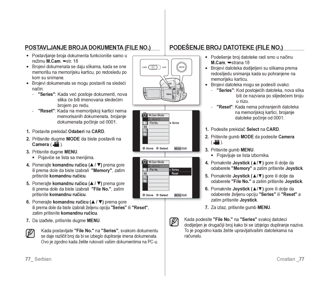 Samsung VP-D391/EDC manual Brojevi datoteka mogu se podesiti ovako, Podesite prekidač Select na Card 