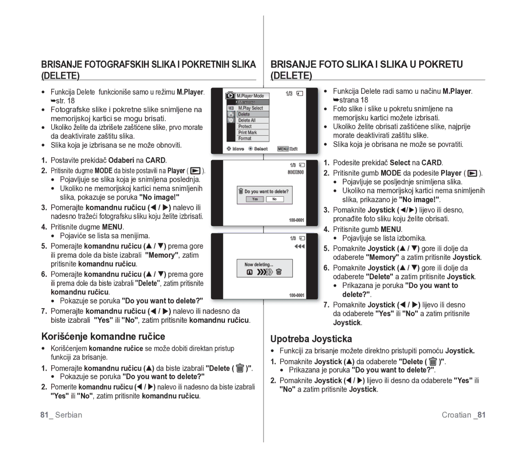 Samsung VP-D391/EDC manual Brisanje Foto Slika I Slika U Pokretu, Delete, Korišćenje komandne ručice Upotreba Joysticka 