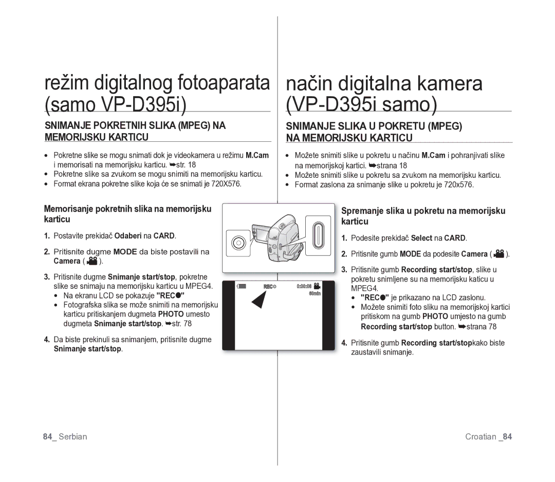 Samsung VP-D391/EDC Snimanje Pokretnih Slika Mpeg NA Memorijsku Karticu, Memorisanje pokretnih slika na memorijsku karticu 