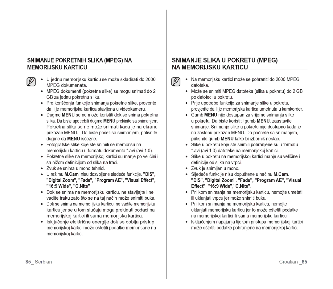 Samsung VP-D391/EDC manual Snimanje Pokretnih Slika Mpeg NA Memorijsku Karticu 