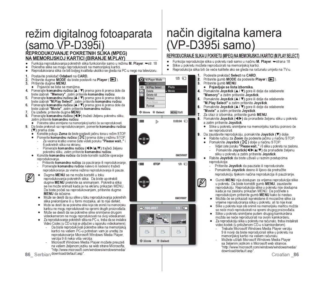 Samsung VP-D391/EDC manual Reprodukovanje Pokretnih Slika Mpeg, NA Memorijskoj Kartici Biranje M.PLAY 