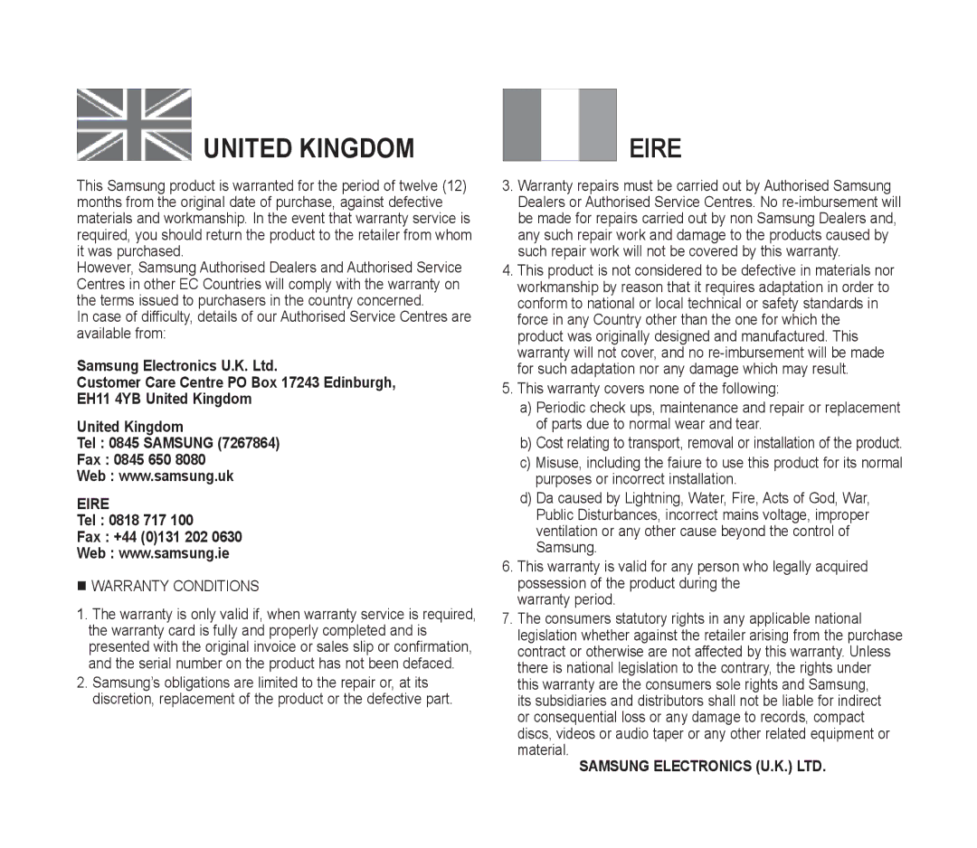 Samsung VP-D391/XEF, VP-D391/EDC, VP-D391I/MEA, VP-D391I/XER manual United Kingdom, Tel 0818 717 Fax +44 0131 202 