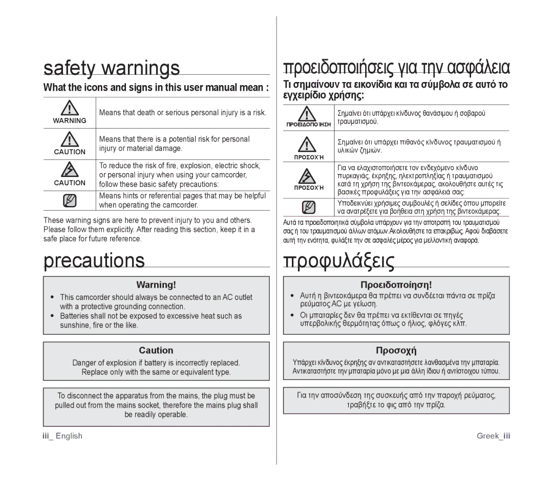 Samsung VP-D391I/XER, VP-D391/XEF, VP-D391/EDC manual Safety warnings, Precautions, Προφυλάξεις, Προειδοποίηση, Προσοχή 