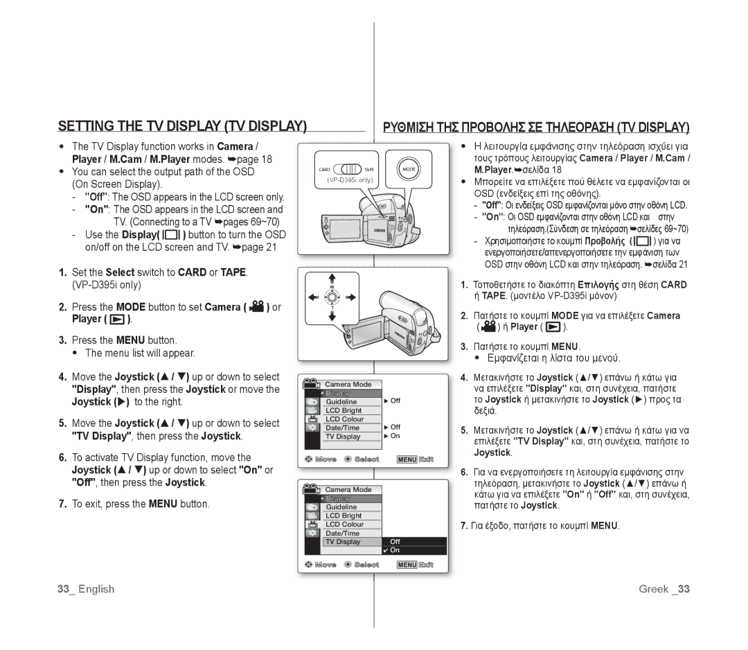 Samsung VP-D391/EDC, VP-D391/XEF manual Setting the TV Display TV Display, Ρυθμιση ΤΗΣ Προβολησ ΣΕ Τηλεοραση TV Display 