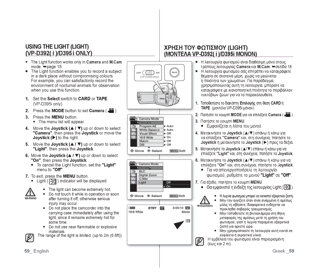 Samsung VP-D391I/XER Using the Light Light Χρηση ΤΟΥ Φωτισμου Light, VP-D392 i /D395i only Μοντελα VP-D392 i /D395i Μονον 