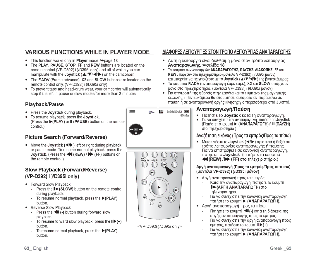 Samsung VP-D391I/XER, VP-D391/XEF, VP-D391/EDC Various Functions While in Player Mode, Playback/Pause, Αναπαραγωγή/Παύση 