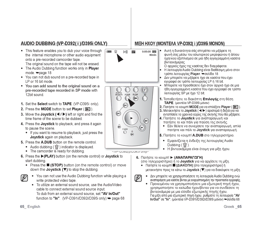 Samsung VP-D391/EDC, VP-D391/XEF manual Audio Dubbing VP-D392 i /D395i only, Μιξη Ηχου Μοντελα VP-D392 i /D395i Μονον 