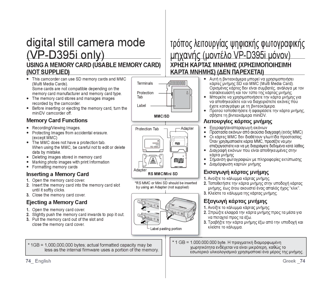 Samsung VP-D391I/MEA, VP-D391/XEF manual Digital still camera mode, VP-D395i only, Χρηση Καρτασ Μνημησ Χρησιμοποιησιμη 