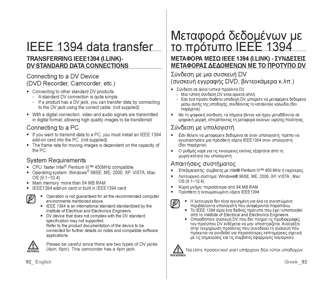 Samsung VP-D391/XEF, VP-D391/EDC, VP-D391I/MEA, VP-D391I/XER Ieee 1394 data transfer, Μεταφορά δεδομένων με το πρότυπο Ieee 