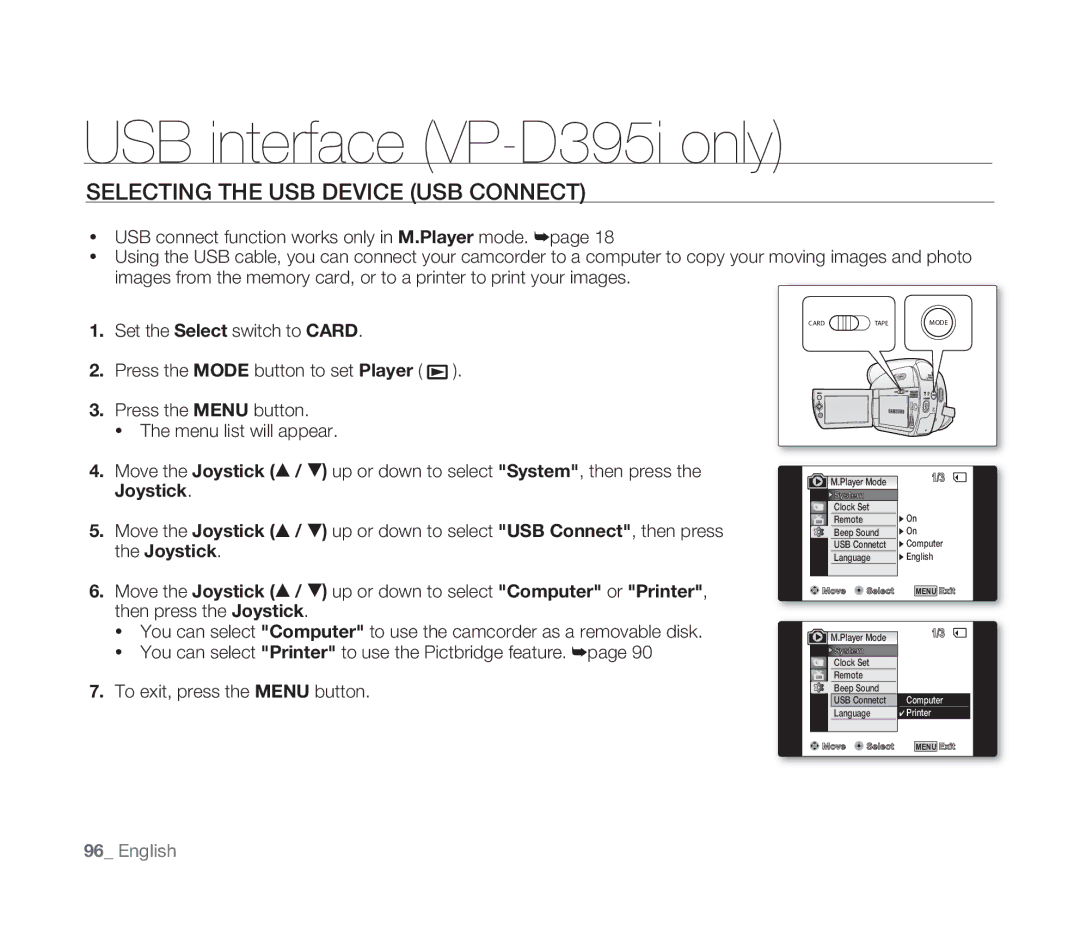 Samsung VP-D391/XEF, VP-D391/EDC, VP-D391I/MEA, VP-D391I/XER manual Selecting the USB Device USB Connect 