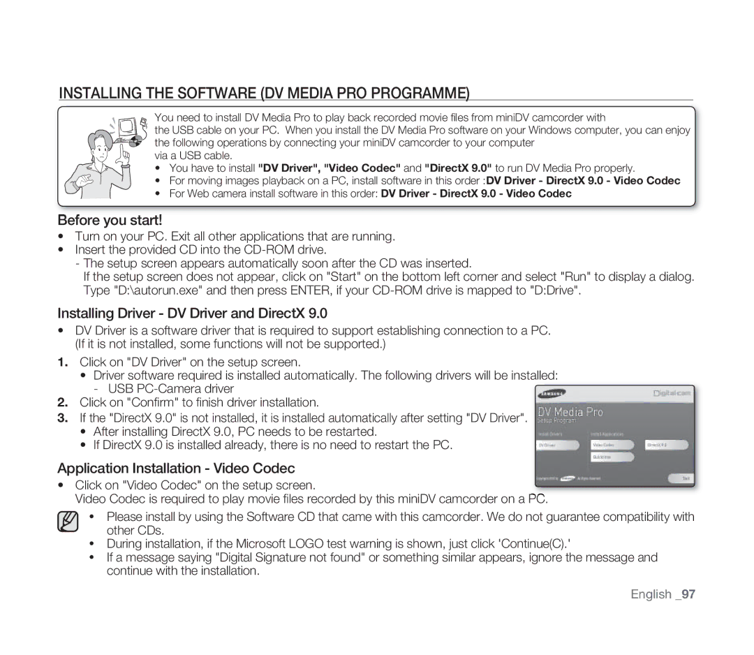 Samsung VP-D391/EDC, VP-D391/XEF, VP-D391I/MEA manual Installing the Software DV Media PRO Programme, Before you start 