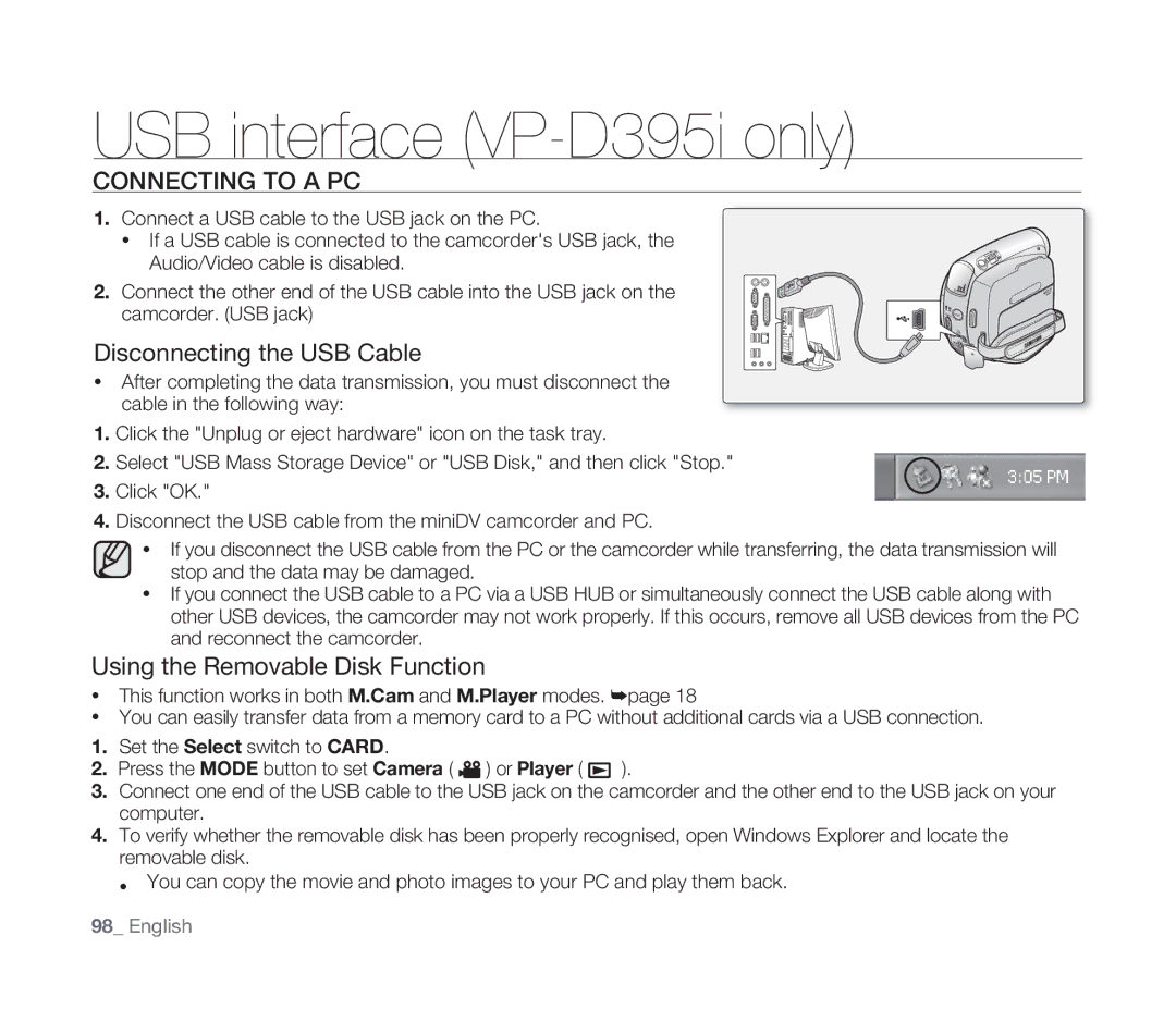 Samsung VP-D391I/MEA, VP-D391/XEF manual Connecting to a PC, Disconnecting the USB Cable, Using the Removable Disk Function 