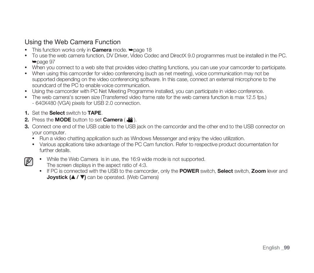 Samsung VP-D391I/XER, VP-D391/XEF, VP-D391/EDC, VP-D391I/MEA manual Using the Web Camera Function 