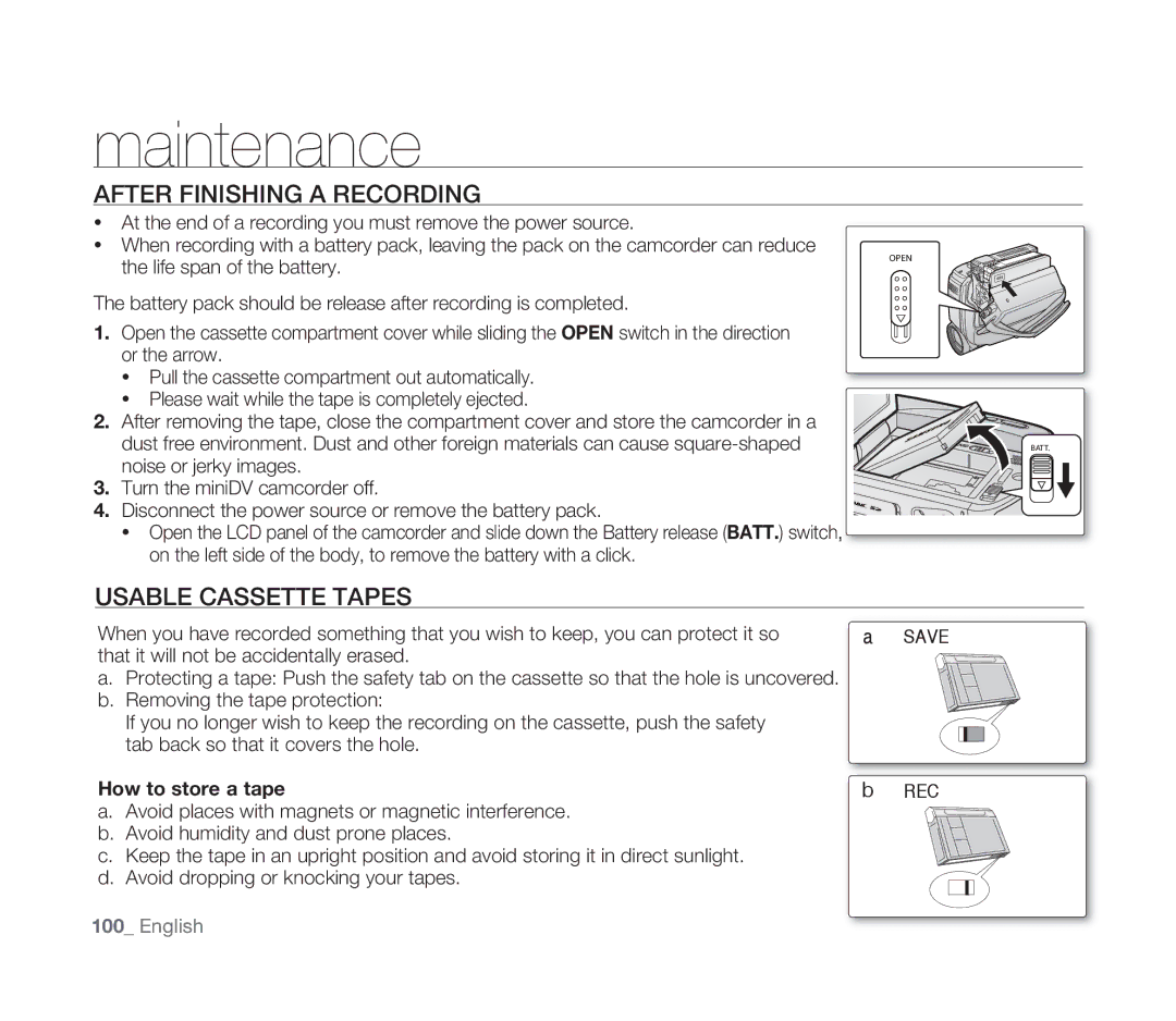 Samsung VP-D391/XEF, VP-D391/EDC manual Maintenance, After Finishing a Recording, Usable Cassette Tapes, How to store a tape 