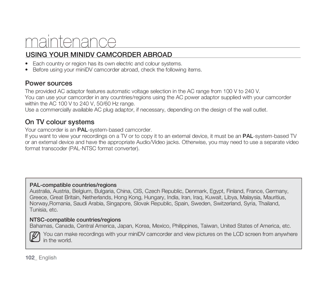 Samsung VP-D391I/MEA, VP-D391/XEF, VP-D391/EDC manual Using Your Minidv Camcorder Abroad, Power sources, On TV colour systems 