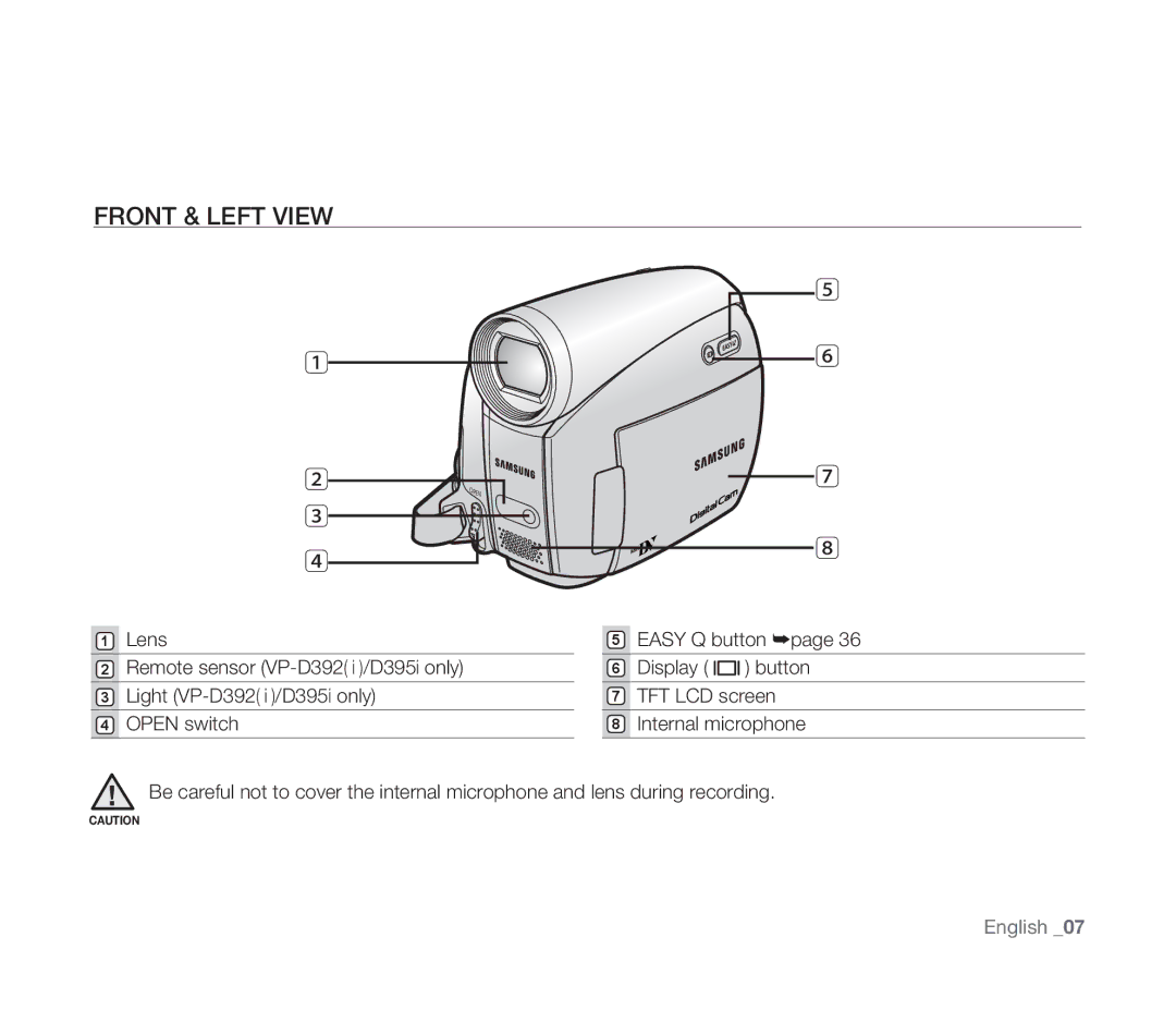 Samsung VP-D391I/XER, VP-D391/XEF, VP-D391/EDC, VP-D391I/MEA manual Front & Left View 