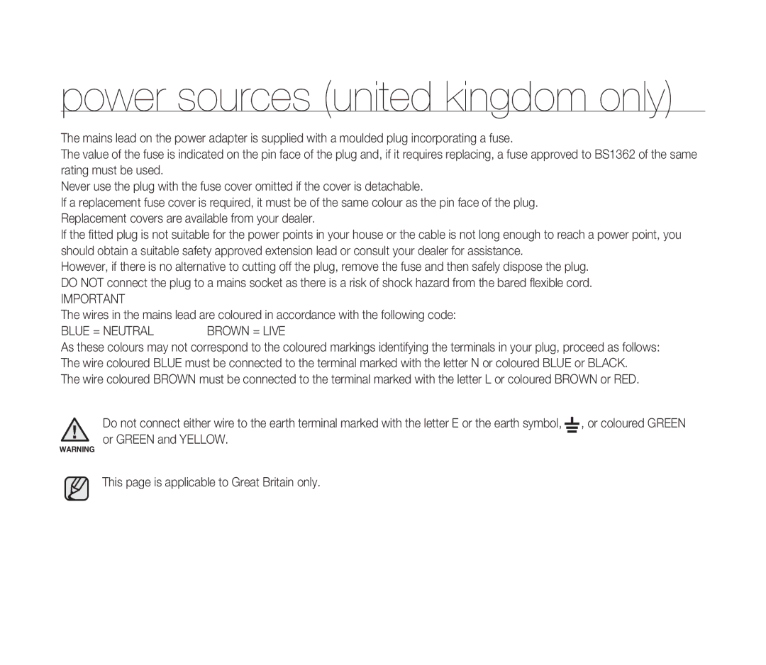 Samsung VP-D391/XEF, VP-D391/EDC, VP-D391I/MEA, VP-D391I/XER Power sources united kingdom only, Blue = Neutral Brown = Live 