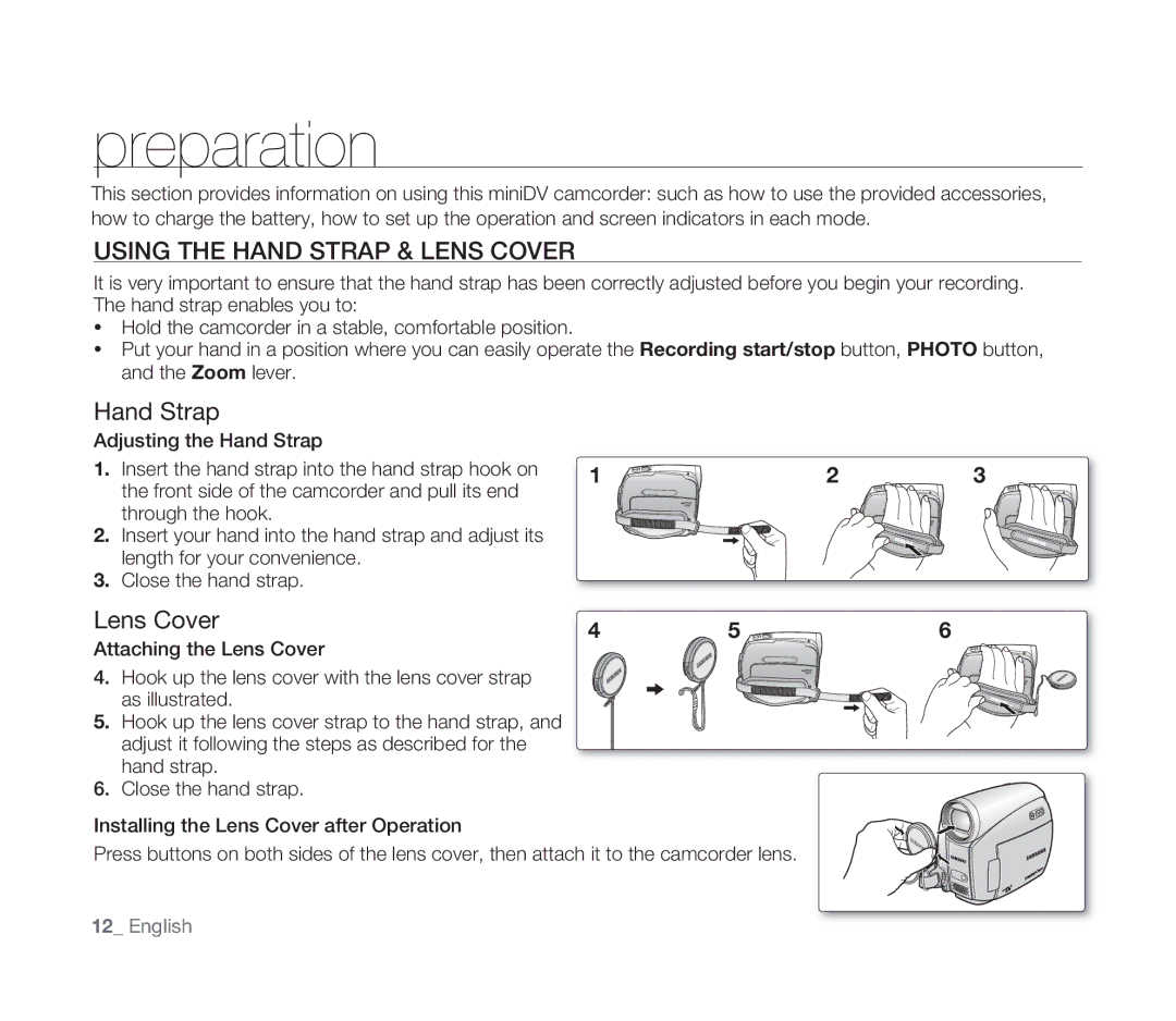 Samsung VP-D391/XEF, VP-D391/EDC, VP-D391I/MEA, VP-D391I/XER manual Preparation, Using the Hand Strap & Lens Cover 