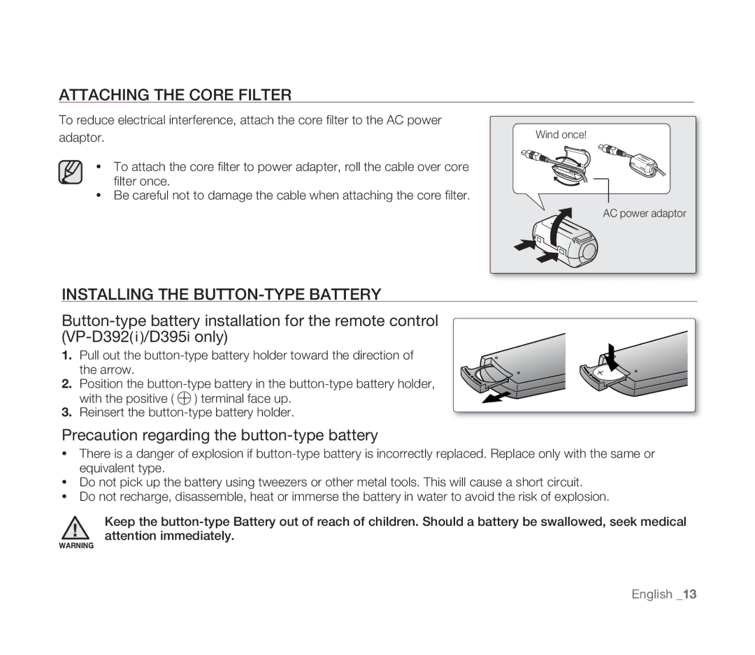 Samsung VP-D391/EDC, VP-D391/XEF, VP-D391I/MEA, VP-D391I/XER Attaching the Core Filter, Installing the BUTTON-TYPE Battery 