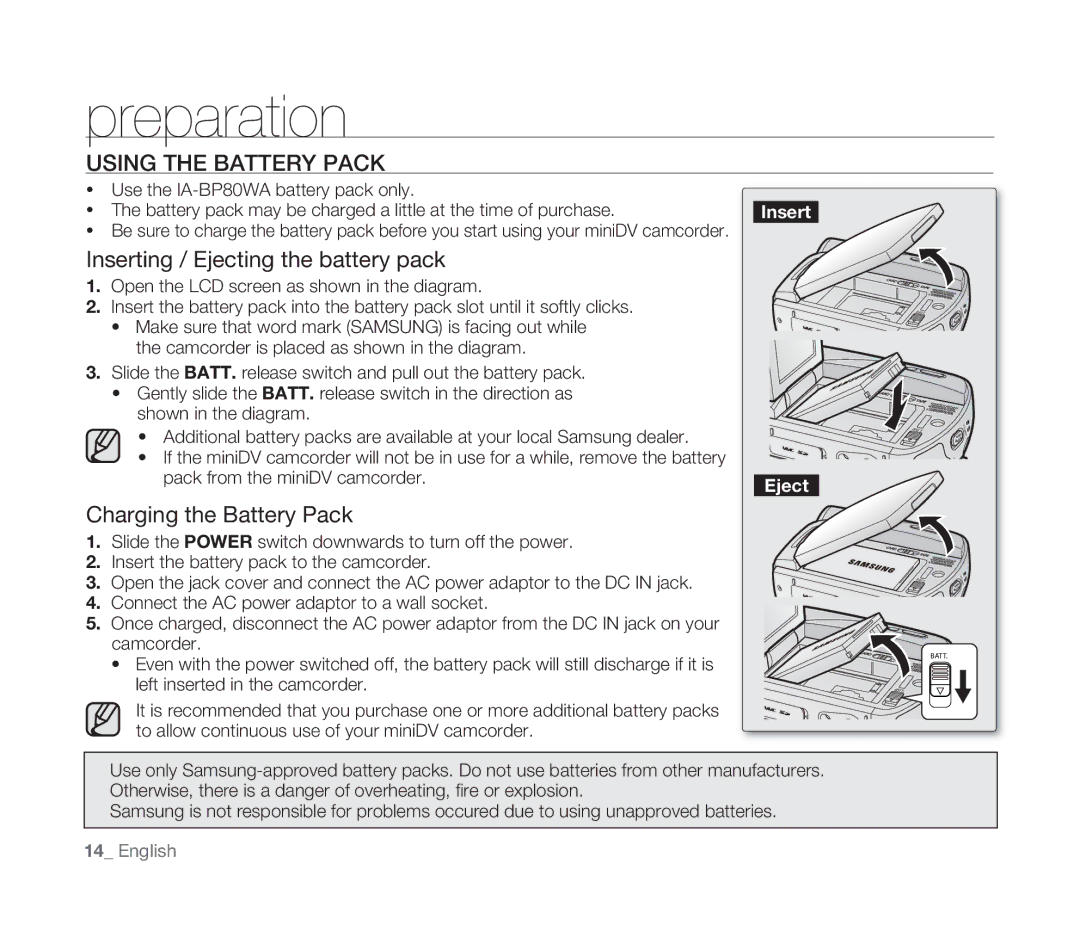 Samsung VP-D391I/MEA, VP-D391/XEF Using the Battery Pack, Inserting / Ejecting the battery pack, Charging the Battery Pack 